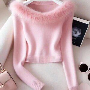 Pink Casual Women's Elegant Patchwork Fur Collar Sweater Cloth